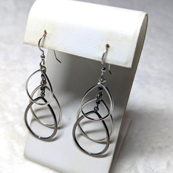 Silver Forest Gray Dangle Earrings with Cascading Hoops and Modern Design - Picture 1 of 6